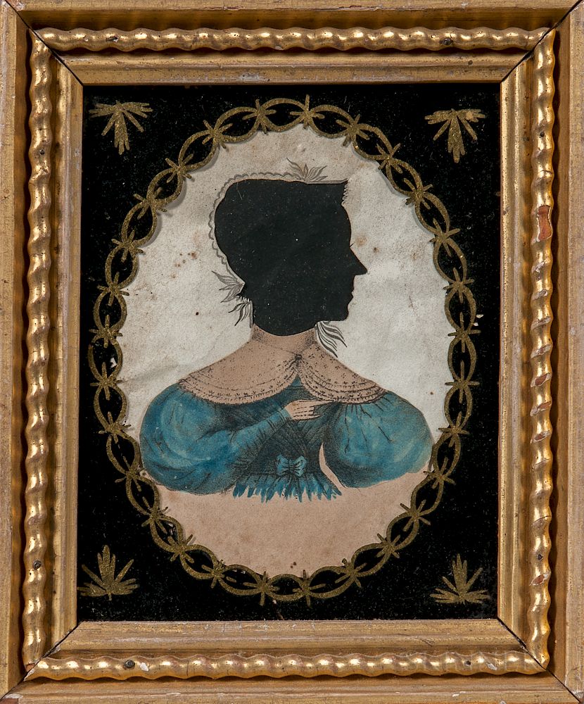 Appraisal: Hollow-cut and Watercolor Silhouette of a Woman in a Blue