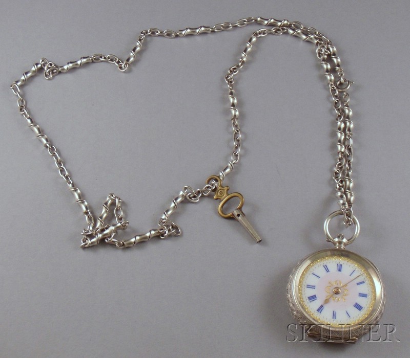 Appraisal: Lady's Swiss Silver Enamel Decorated Pendant Watch on Silver Chain