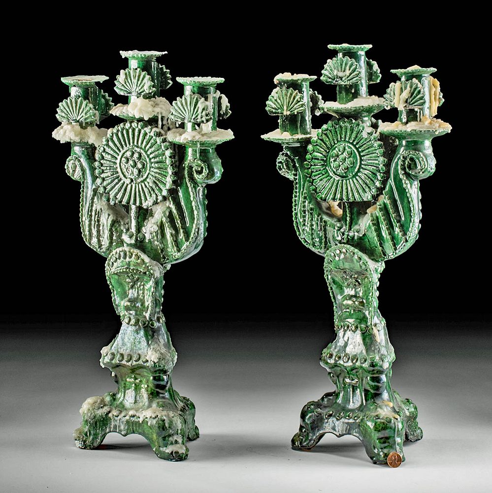 Appraisal: Pair of Chinese Qing Dynasty Glazed Pottery Candelabra East Asia