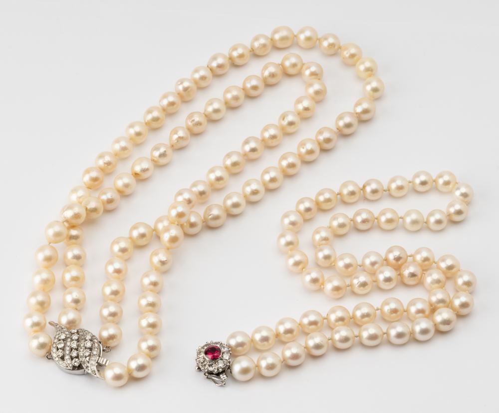 Appraisal: TWO CULTURED PEARL GEM-SET NECKLACESthe single-strand necklace containing round and