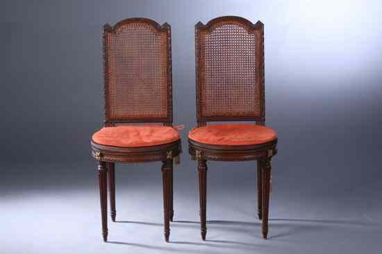 Appraisal: PAIR LOUIS XVI STYLE FRANCOIS LINKE FRUITWOOD DIMINUTIVE SIDECHAIRS Paris