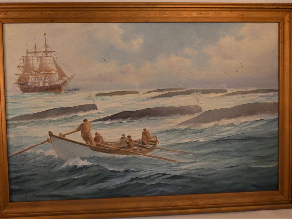 Appraisal: SYLVA FERNANDES WHALING PAINTING Old oil painting on canvas depicting