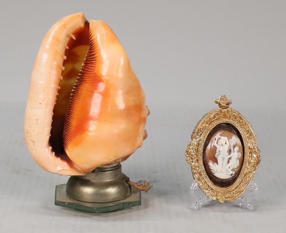 Appraisal: Italian conch cameo lamp and Neoclassical style cameo depicting Apollo