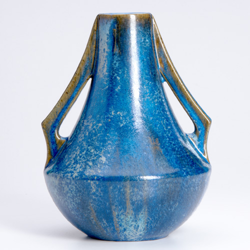 Appraisal: FULPER Two-handled vase covered in a fine Chinese Blue crystalline