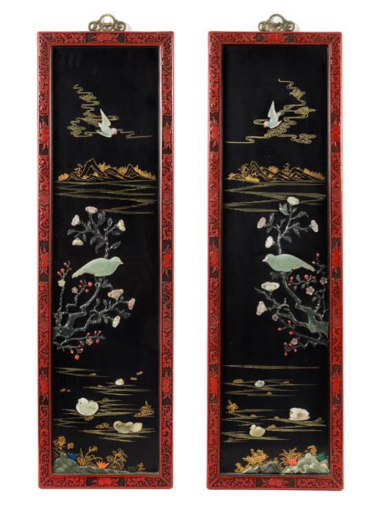 Appraisal: Sale Lot A Pair of Chinese Hardstone Inset Lacquer Panels