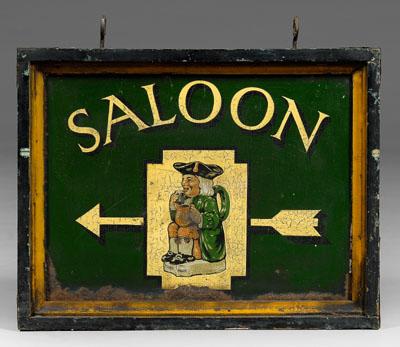 Appraisal: British tavern sign double sided painted tin Saloon over Toby