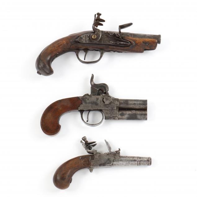 Appraisal: DOUBLE BARREL DERRINGER PISTOL AND TWO FLINTLOCK POCKET PISTOLS Likely