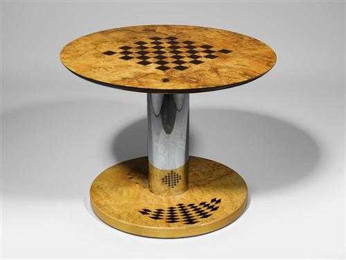 Appraisal: SWISS GAME TABLE circa Chromed metal and wood Inlaid checkerboard