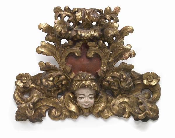 Appraisal: A Baroque painted and parcel gilt architectural element probably Spanish