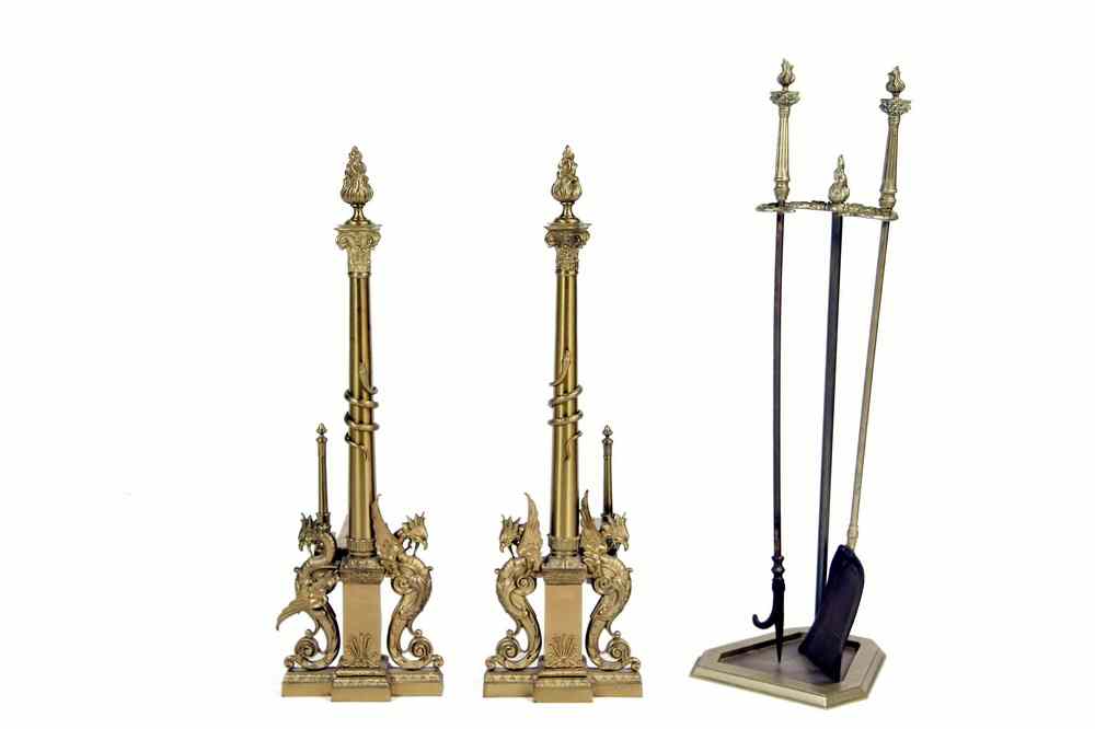 Appraisal: PR ANDIRONS TOOLS - Mid th c Brass Andirons and