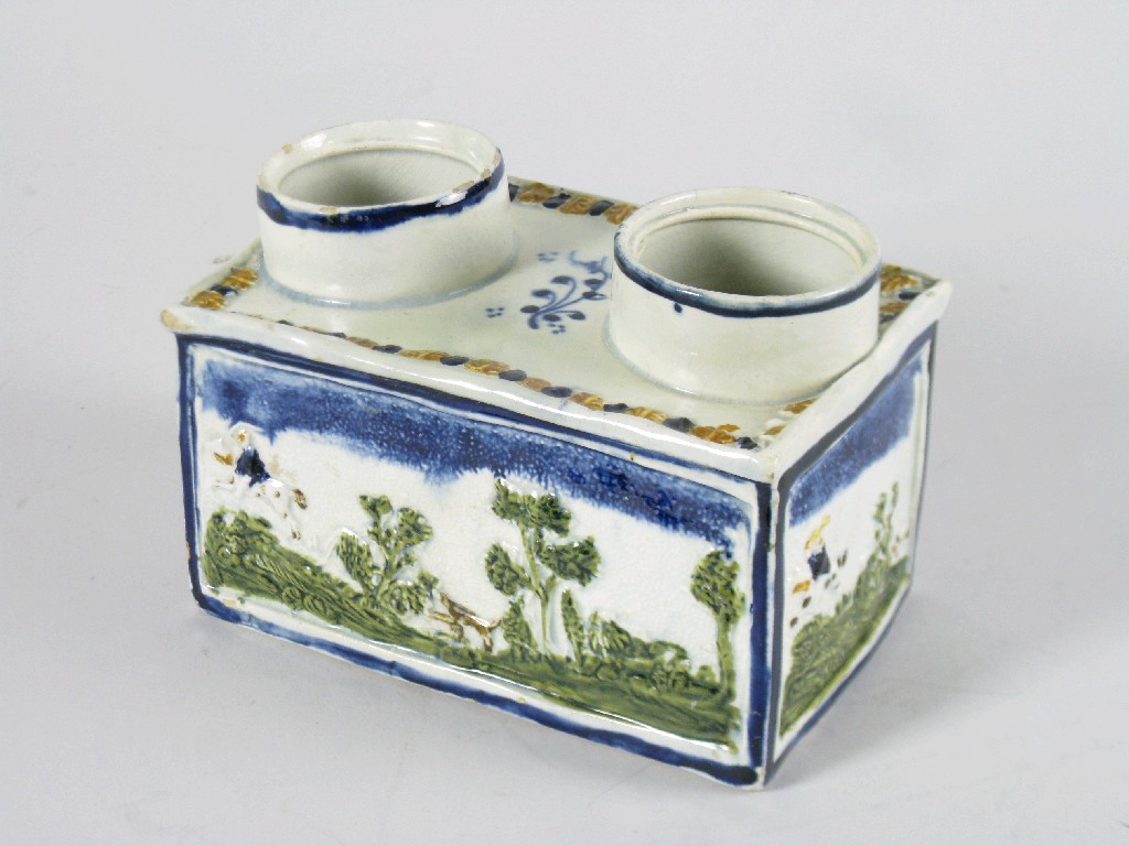 Appraisal: A rare Prattware Tea Caddy rectangular with two divisions moulded