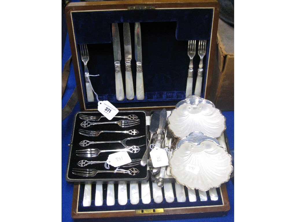 Appraisal: Lot comprising part fruit cutlery set cake forks butter dishes