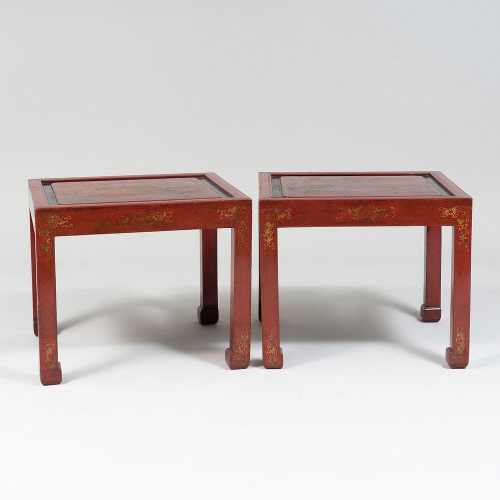 Appraisal: Pair of Chinese Export Red Lacquer and Parcel-Gilt Side Tables