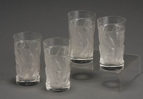 Appraisal: Set of Four Lalique Molded and Frosted 'Hulotte' Highballs Modern