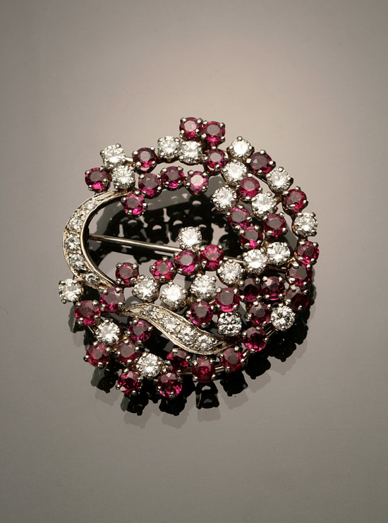 Appraisal: -Karat White-Gold Diamond and Ruby Brooch Set with thirty-one round