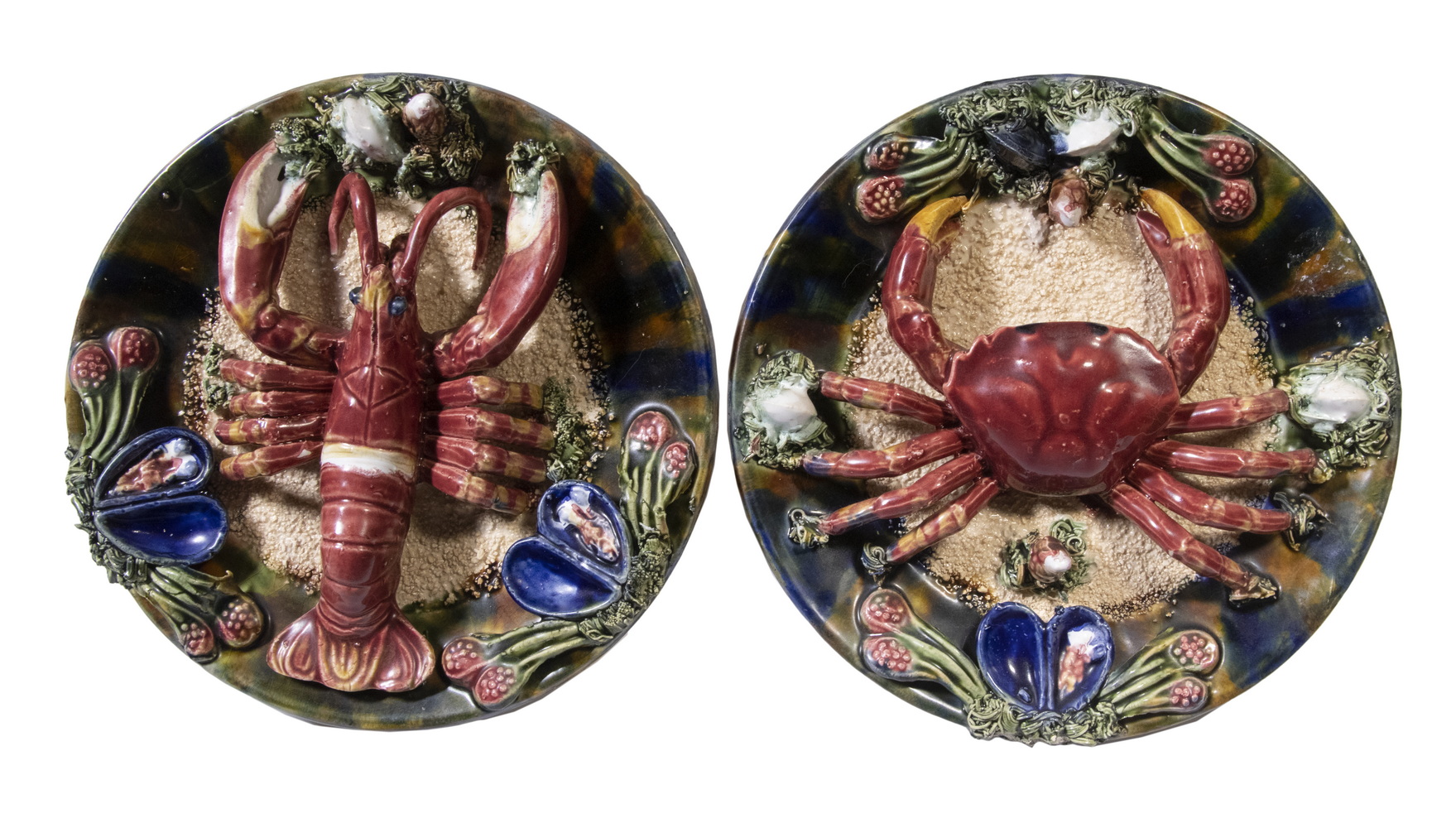 Appraisal: MAJOLICA SHELLFISH PLATES Centered with Lobster and Crab in the