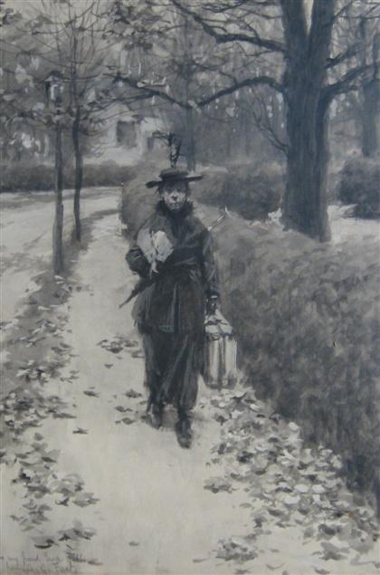 Appraisal: ARTHUR BURDETT FROST american - LEAVING WOMAN WITH SUITCASE Watercolor