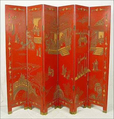 Appraisal: CHINESE RED LACQUER PANEL FOLDING SCREEN Both sides carved birds