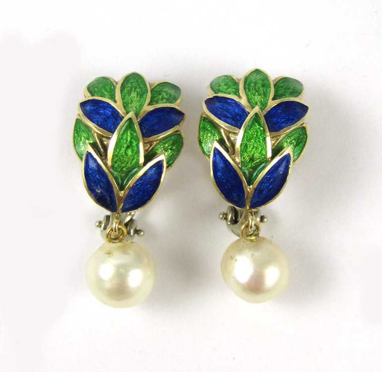 Appraisal: PAIR OF PEARL AND ENAMEL CLIP-ON EARRINGS each k yellow