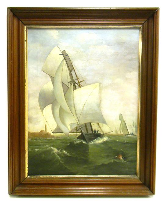 Appraisal: th C unsigned marine scene oil on canvas depicting ships