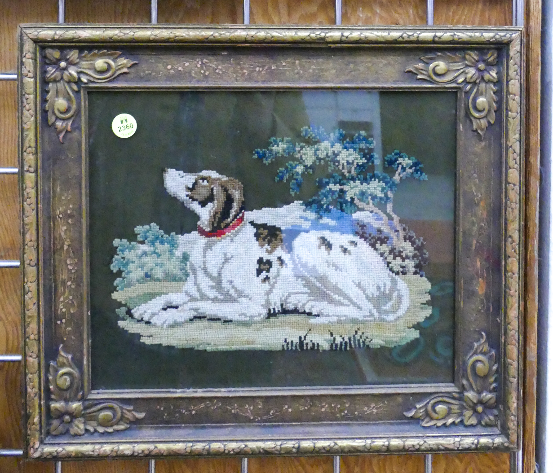 Appraisal: Antique Reclining Dog Needlework Framed- x ''