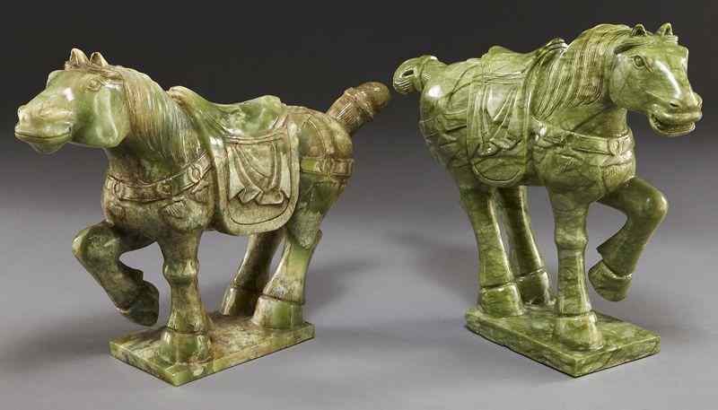 Appraisal: Pr Chinese carved serpentine horses Taller ''H x ''W Circa