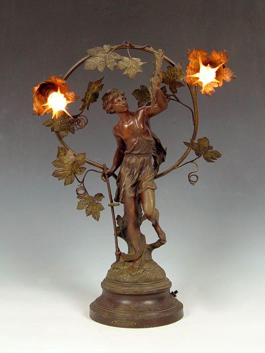 Appraisal: MOISSONEUR'' FIGURAL PATINATED SPELTER LAMP BY CHARLES LEVY'' '' h