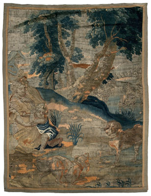 Appraisal: Verdure tapestry fragment woman and child with dogs in a