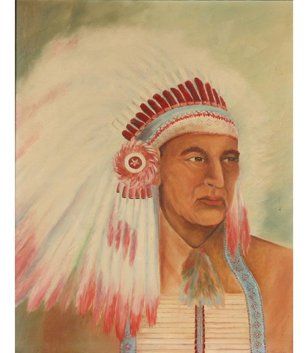 Appraisal: Native American Indian chief in full headdress and attire oil