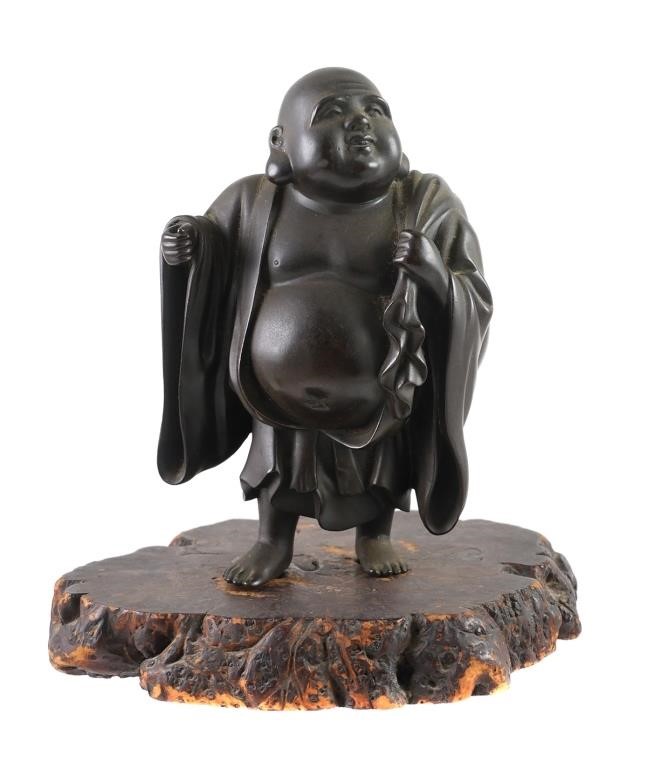 Appraisal: th Century bronze Chinese laughing Buddha with money bag on