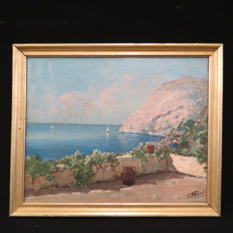 Appraisal: F Pasini oil Italian coastal scenefrom a garden terrace on