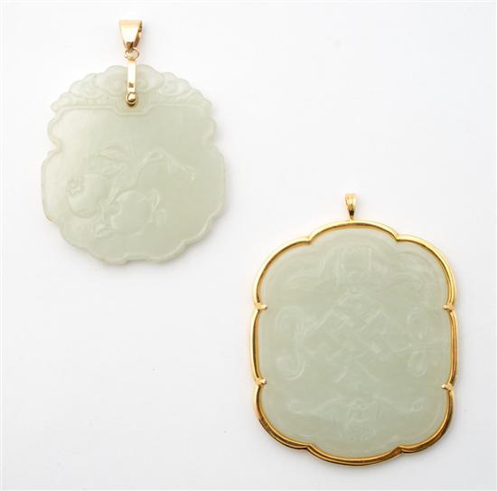 Appraisal: Group of Two Gold Mounted and Carved Jade Plaques th