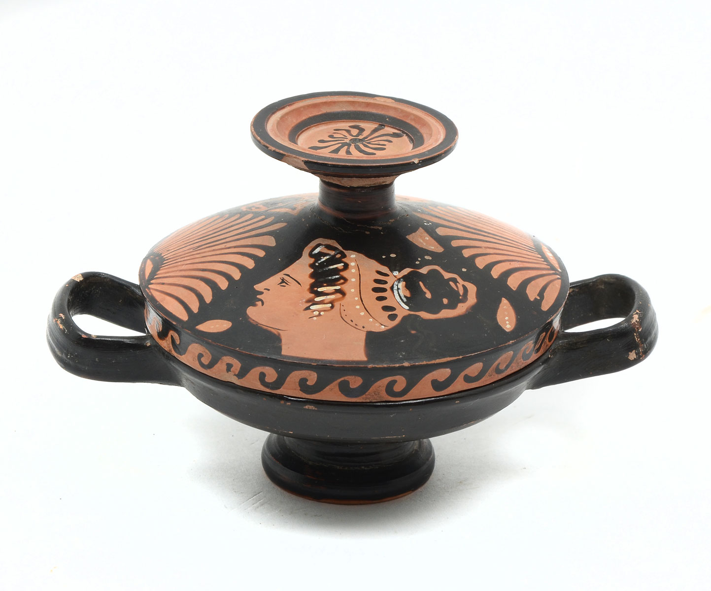 Appraisal: GRECO-ROMAN HANDLED VESSEL Apulian Greco-Roman lidded vessel with handles footed