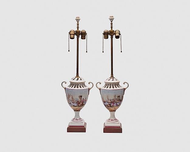 Appraisal: Pair of Continental Porcelain Covered Two Handled Vases now mounted