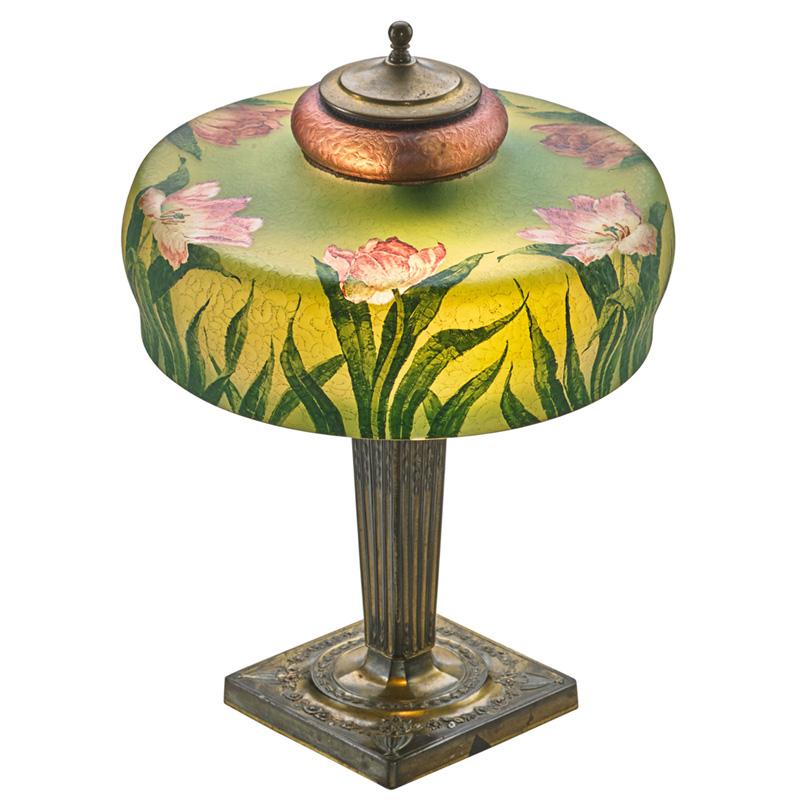 Appraisal: PAIRPOINT Table lamp with parrot tulips Condition Report Shade intact