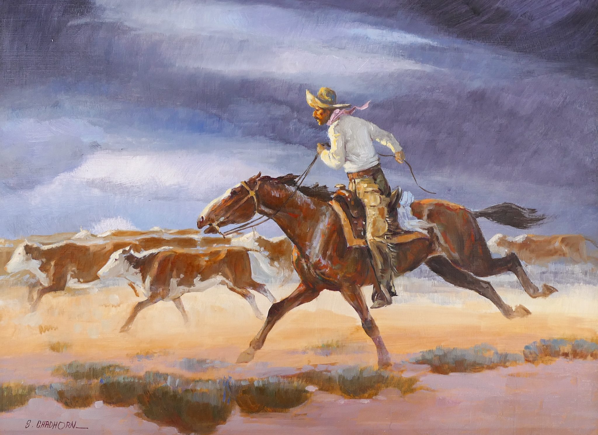 Appraisal: Shep Chadhorn th Cent Colorado ''Stampede'' Oil on Masonite ''x