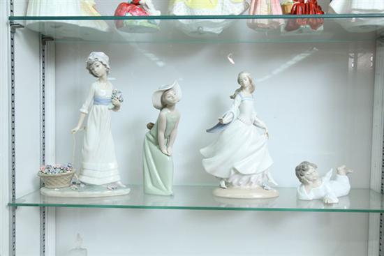 Appraisal: FOUR LLADRO FIGURES A girl with basket of flowers ''