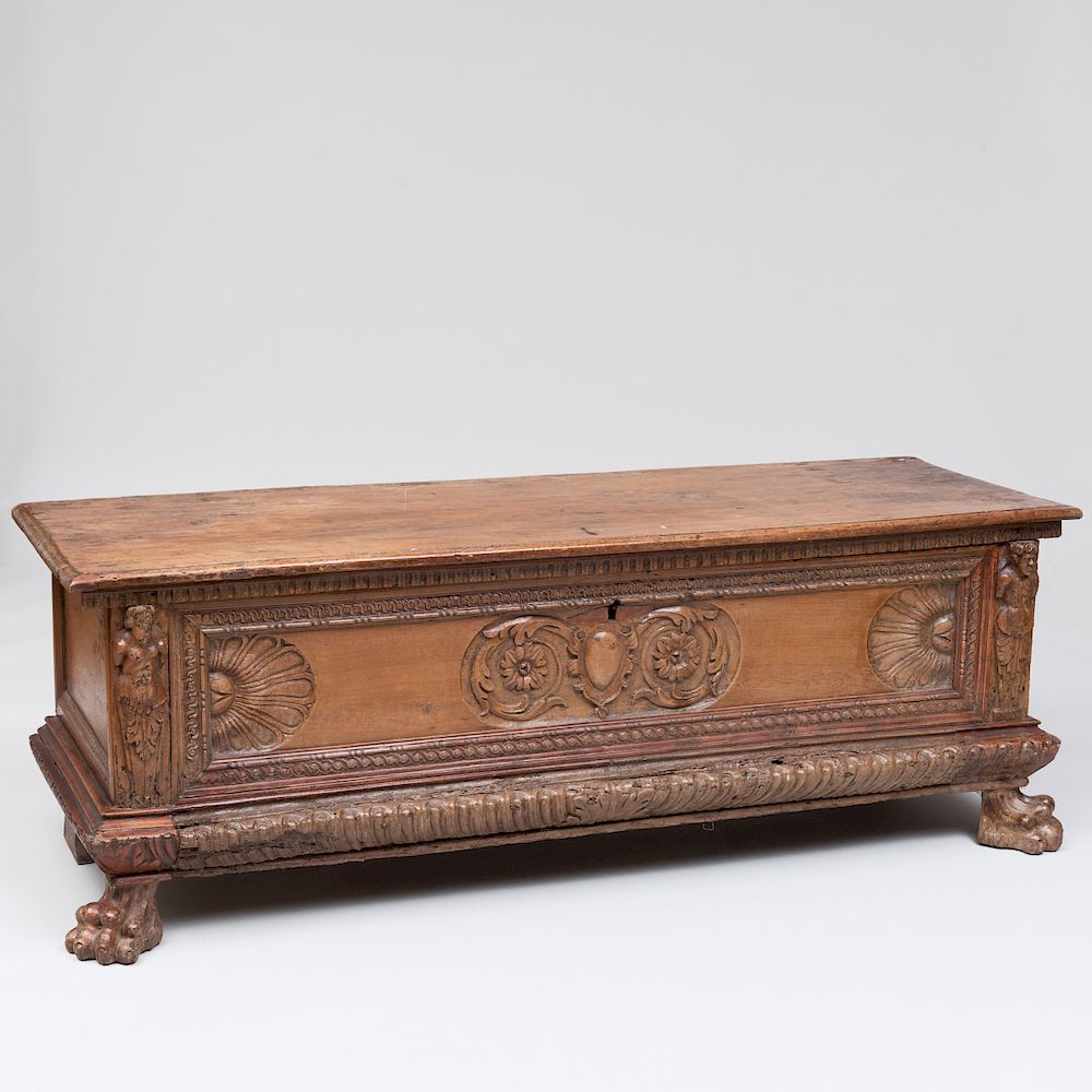 Appraisal: Italian Baroque Carved Walnut Cassone x ft x in Condition