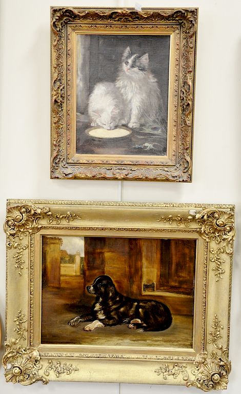 Appraisal: Two paintings including cats drinking milk signed lower left illegibly