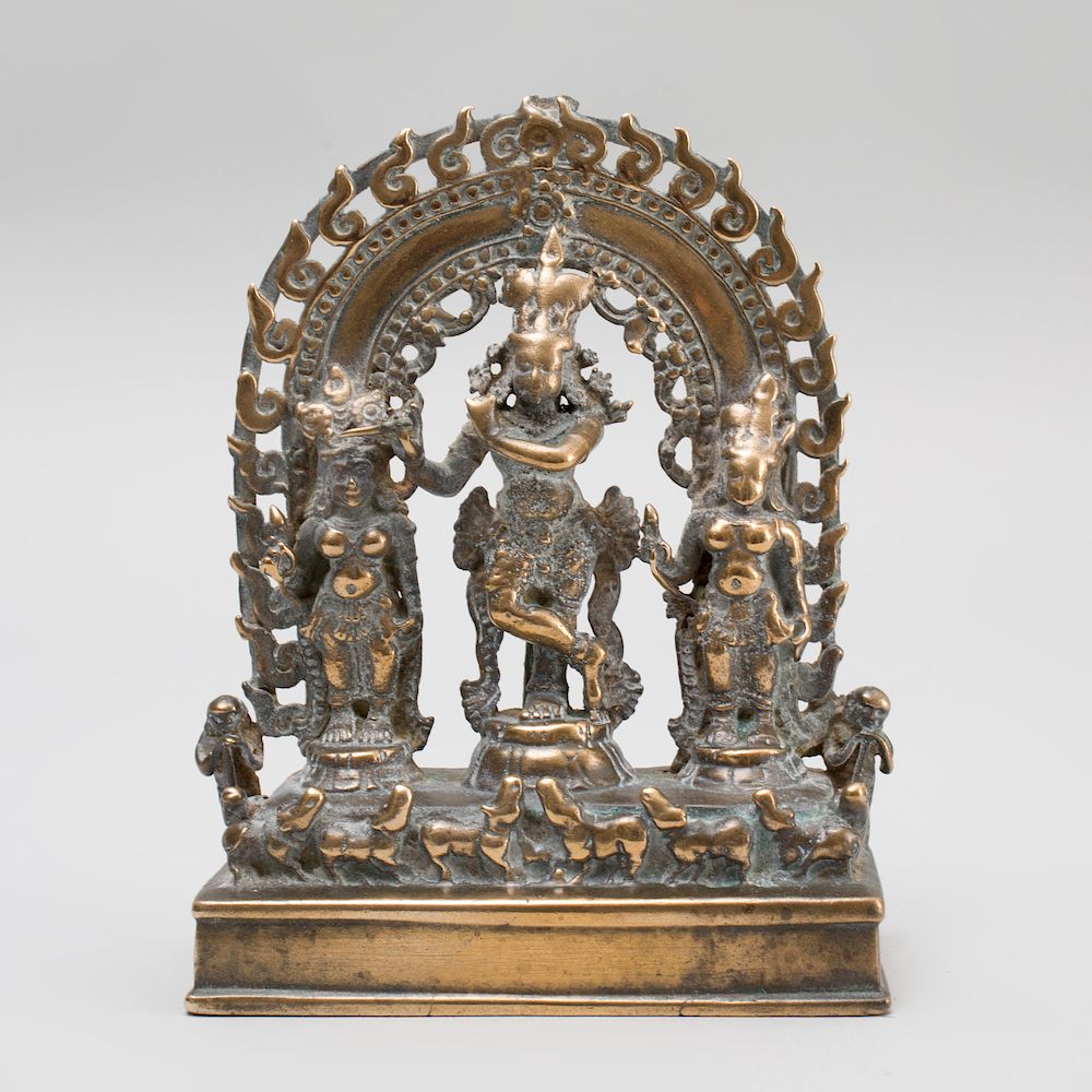 Appraisal: Indian Brass Shrine of Krishna Fluting Venugopala with Gopis and