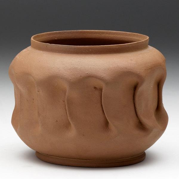 Appraisal: GEORGE OHR Bisque-fired vessel with folded middle Signed George Ohr