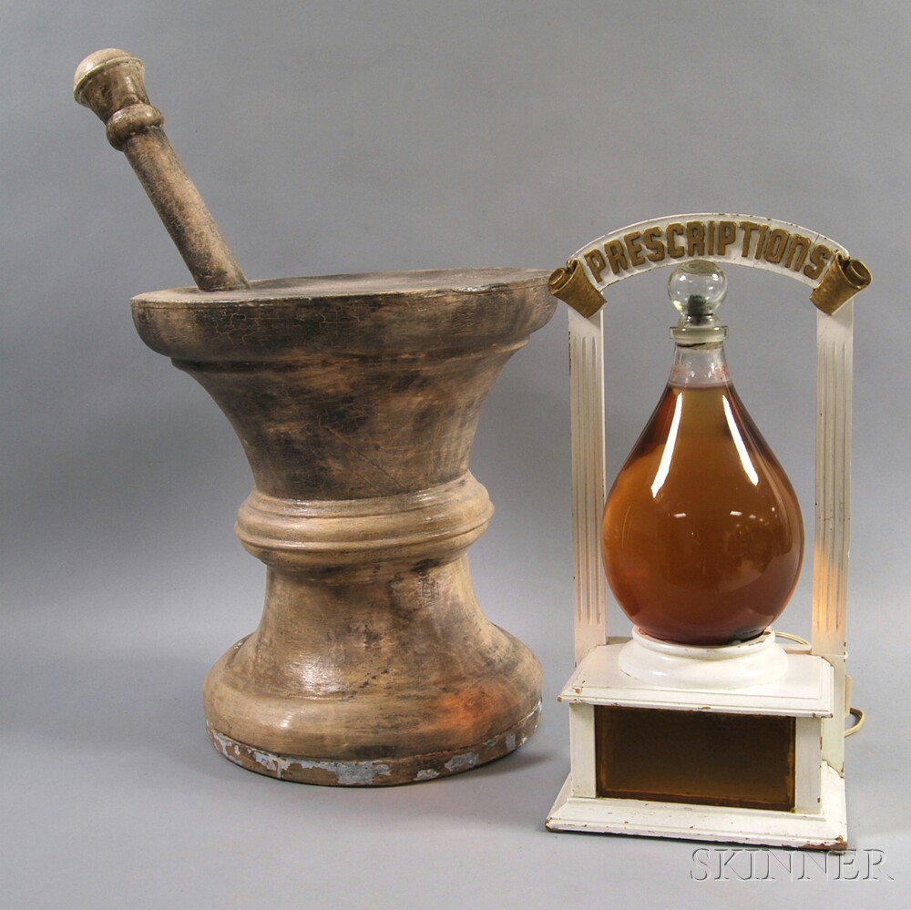 Appraisal: Two Apothecary Display Items a large beige-painted mortar and pestle