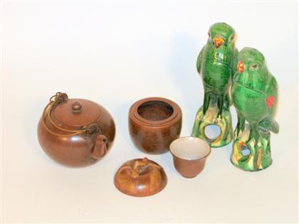 Appraisal: Pair of green glazed parrot models and two yixing table