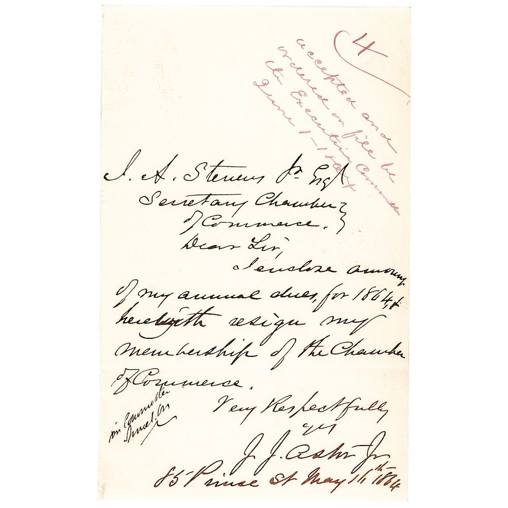 Appraisal: -Date Civil War period General JOHN JACOB ASTOR JR Autograph