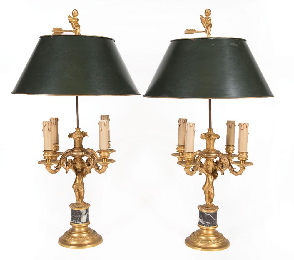 Appraisal: Pair of French Gilt Bronze and Marble Four-Light Figural Bouillotte