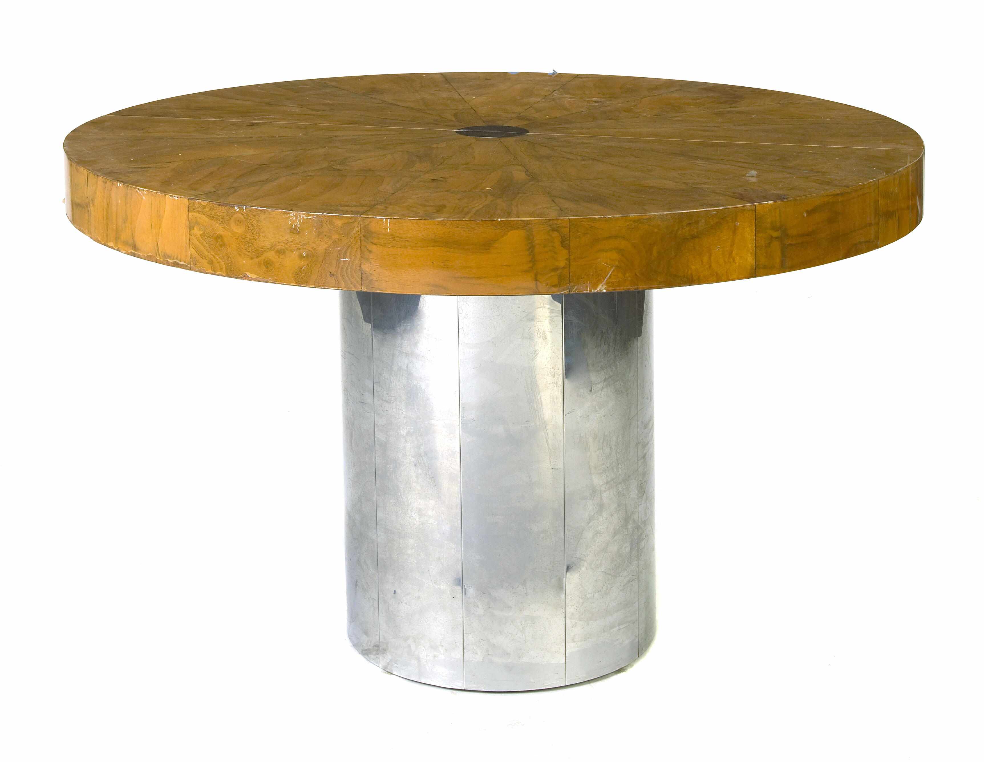 Appraisal: A chromed metal and walnut dining table attributed to Paul