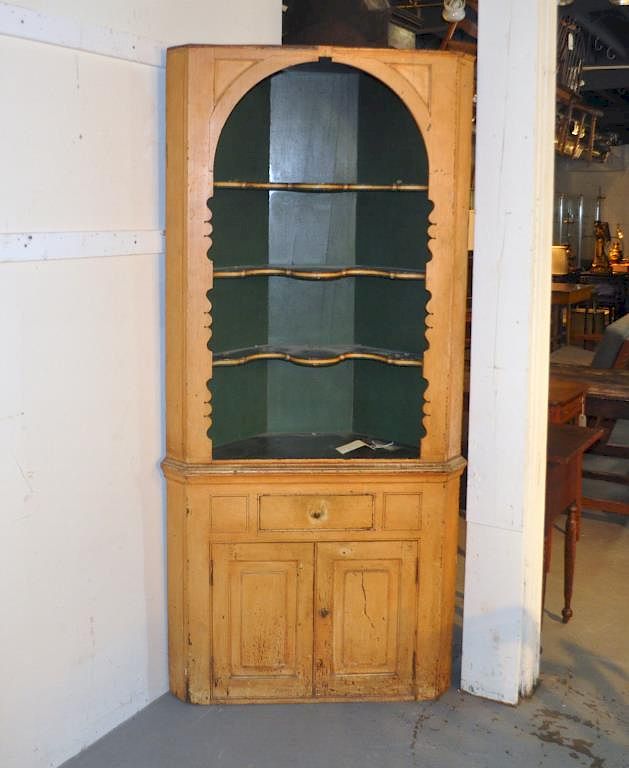 Appraisal: New England Painted Corner Cupboard with shaped upper open cabinet