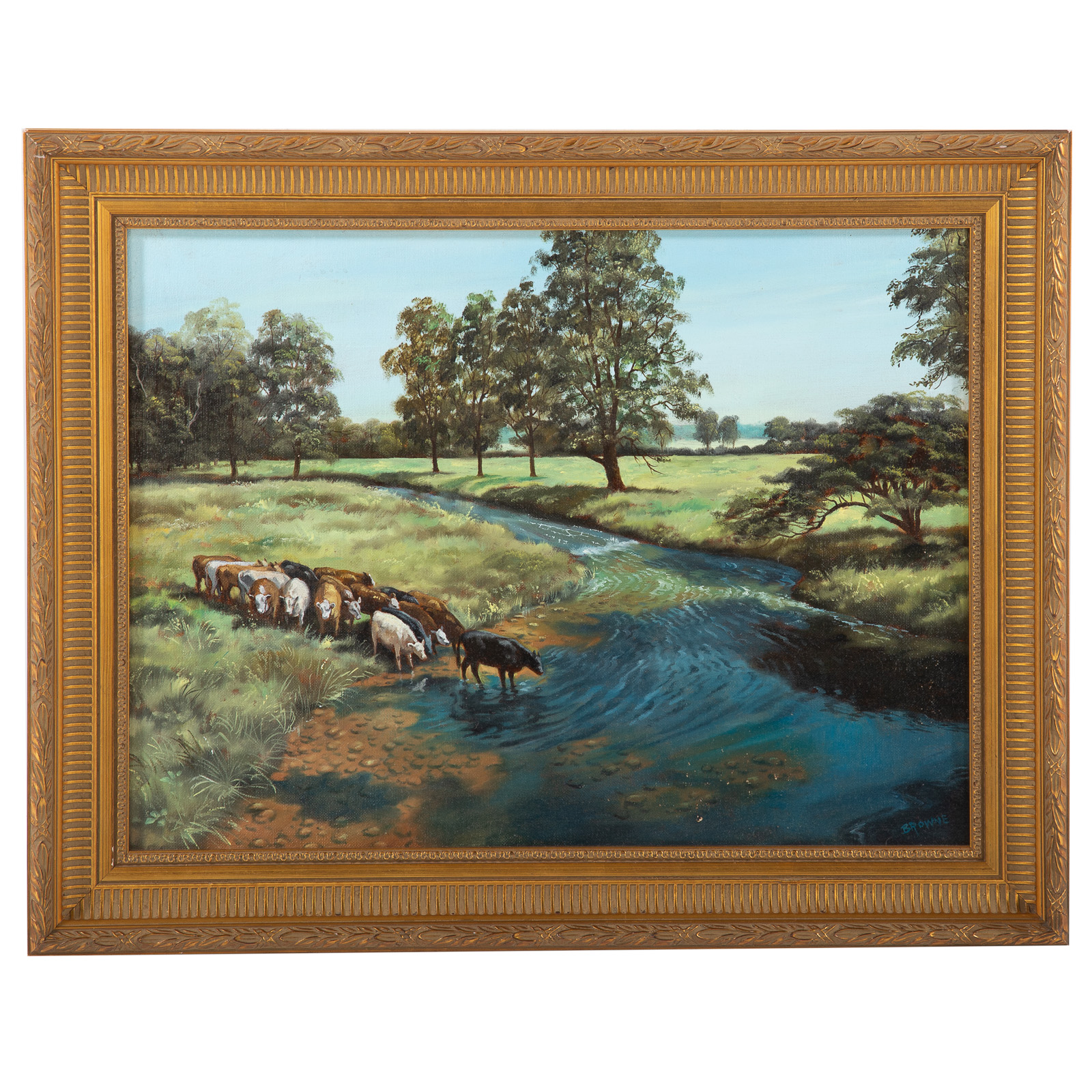 Appraisal: ROBERT REID BROWNE CATTLE WATERING OIL American - Oil on