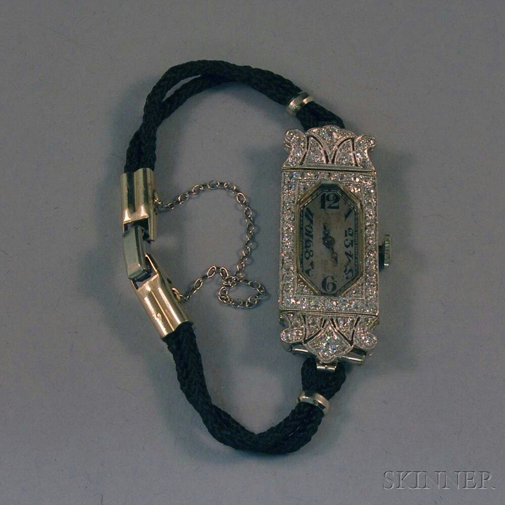 Appraisal: Lady's Art Deco-style Platinum and Diamond Wristwatch on black cord