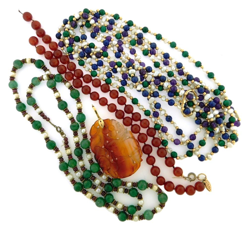 Appraisal: JEWELRY Three Gemstone Gold and Pearl Necklaces details include multi-strand